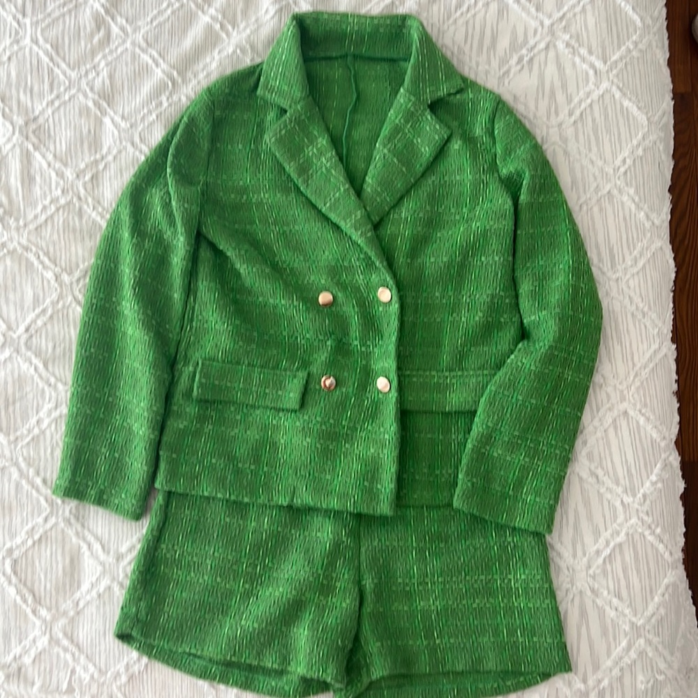SHEIN two piece green tweed-esque outfit.